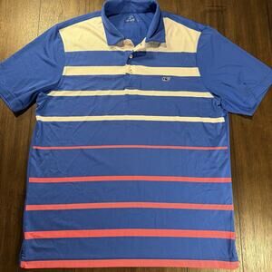 Vineyard Vines L Performance Golf Polo Shirt Men’s Blue Striped Moisture Wicking